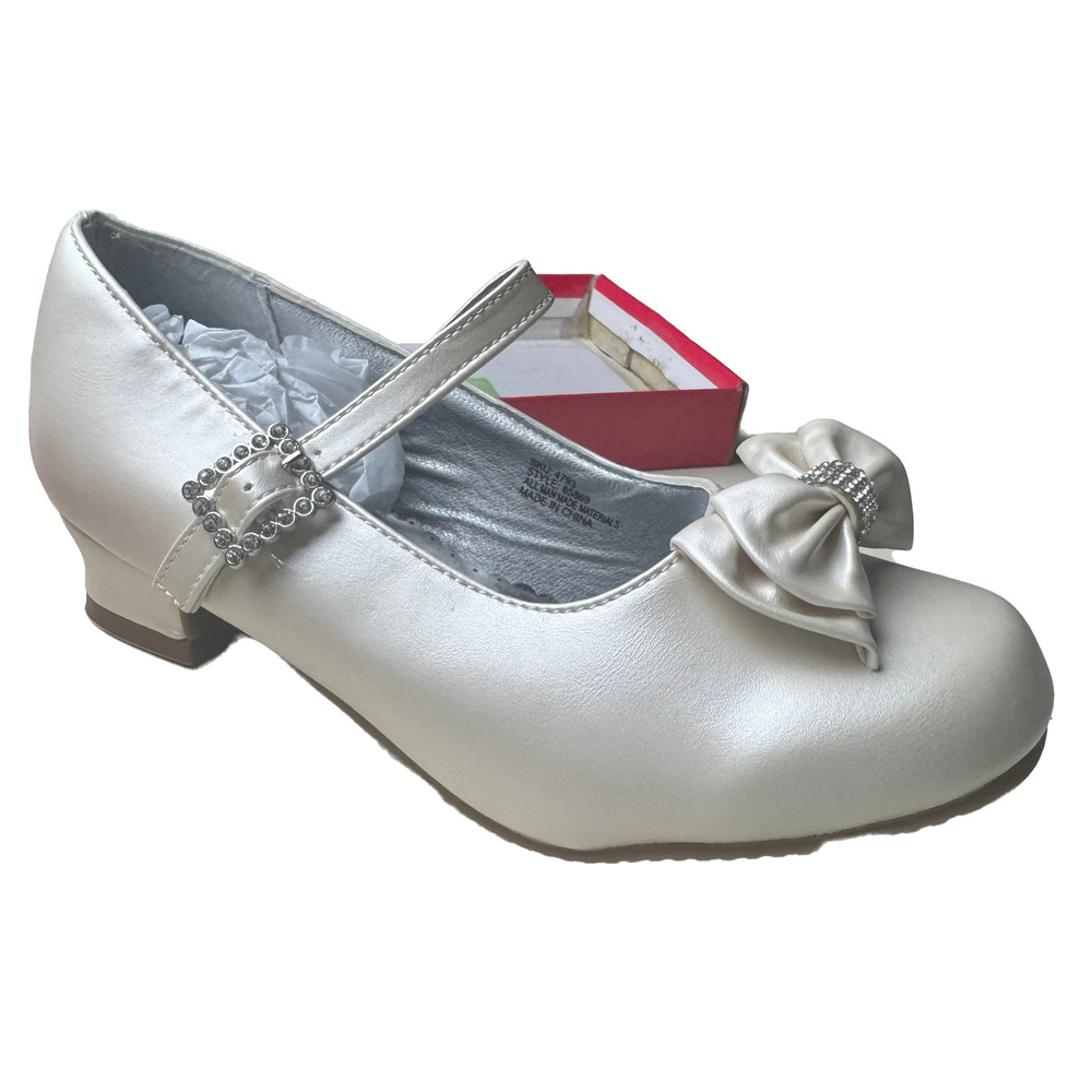 JOSMO Girls Mary Jane Dress Shoes Size 3 Ivory Rhinestone Bow Block Heel Strap - Picture 3 of 6